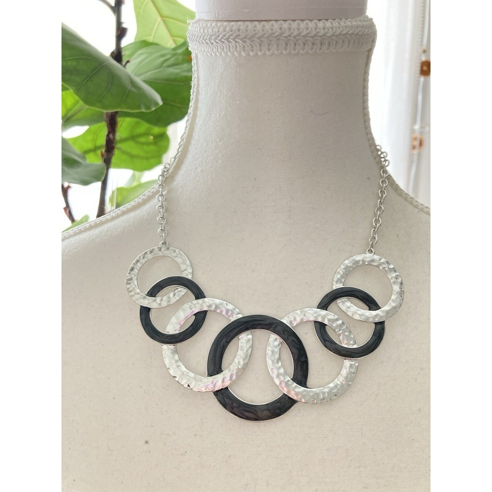 Modern Black Silver Circle Necklace Hammered Metal Geometric Statement